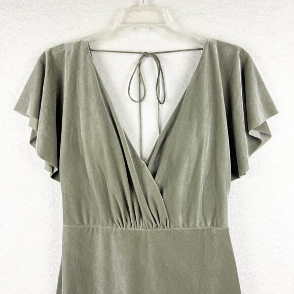 Jenny Yoo Anthro BHLDN Ellis Flutter-Sleeve Open-Back Velvet Gown Green Sz 10 - Picture 6 of 14